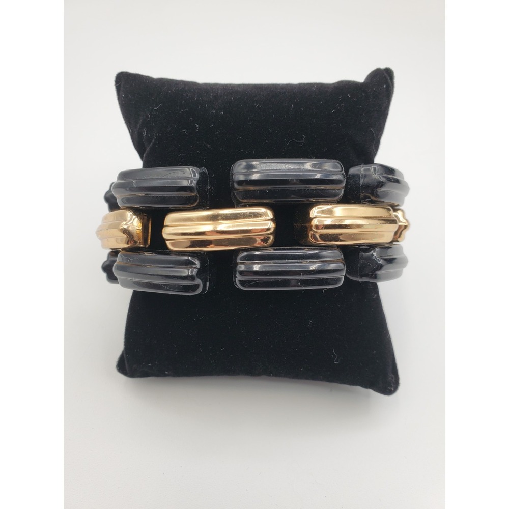 Vtg Napier Gold Tone & Black Plastic 7" Bangle Bracelet